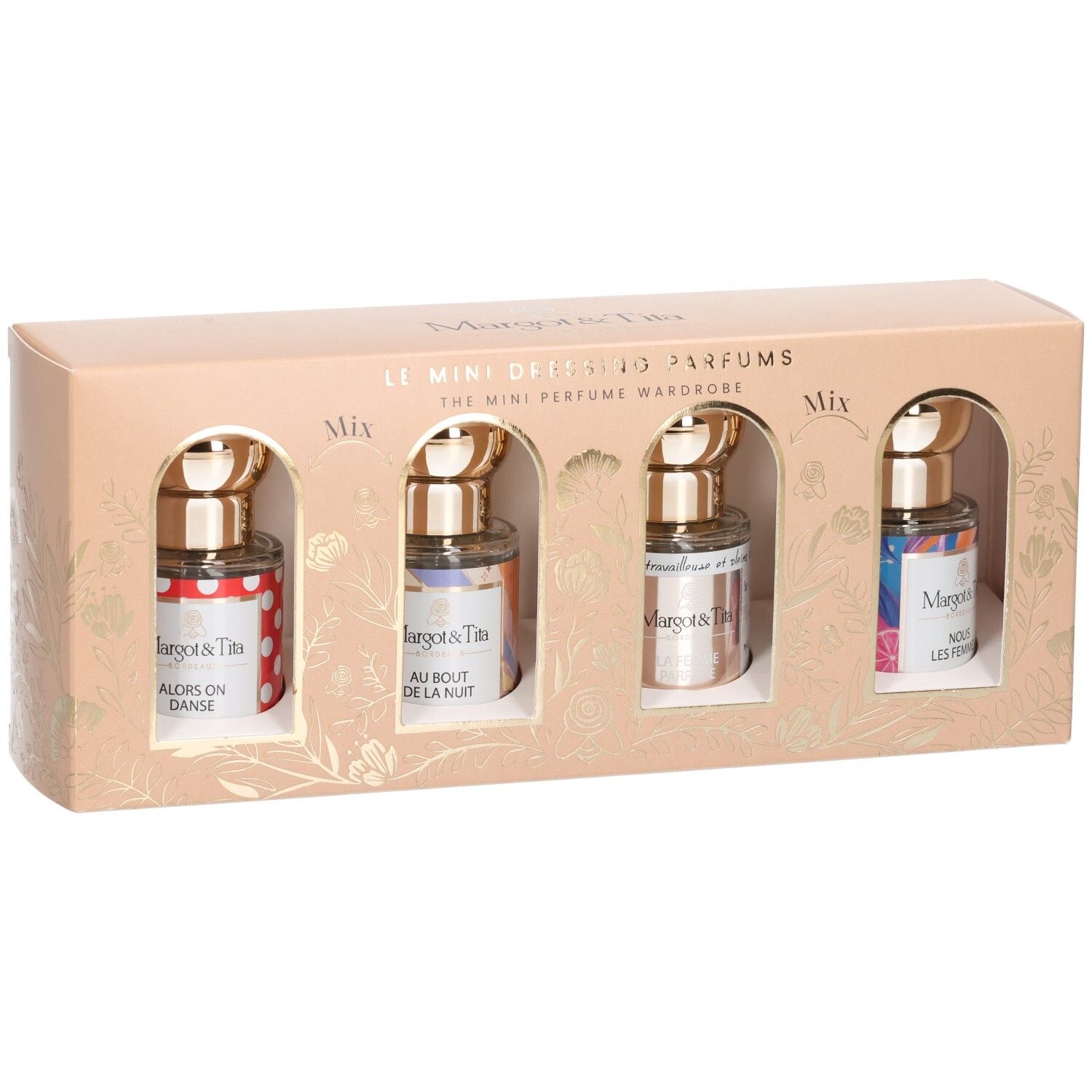 Geschenkdoos met vier miniatuurparfums. Elk flesje heeft een gouden dop en een kleurrijk etiket. De doos is beige.