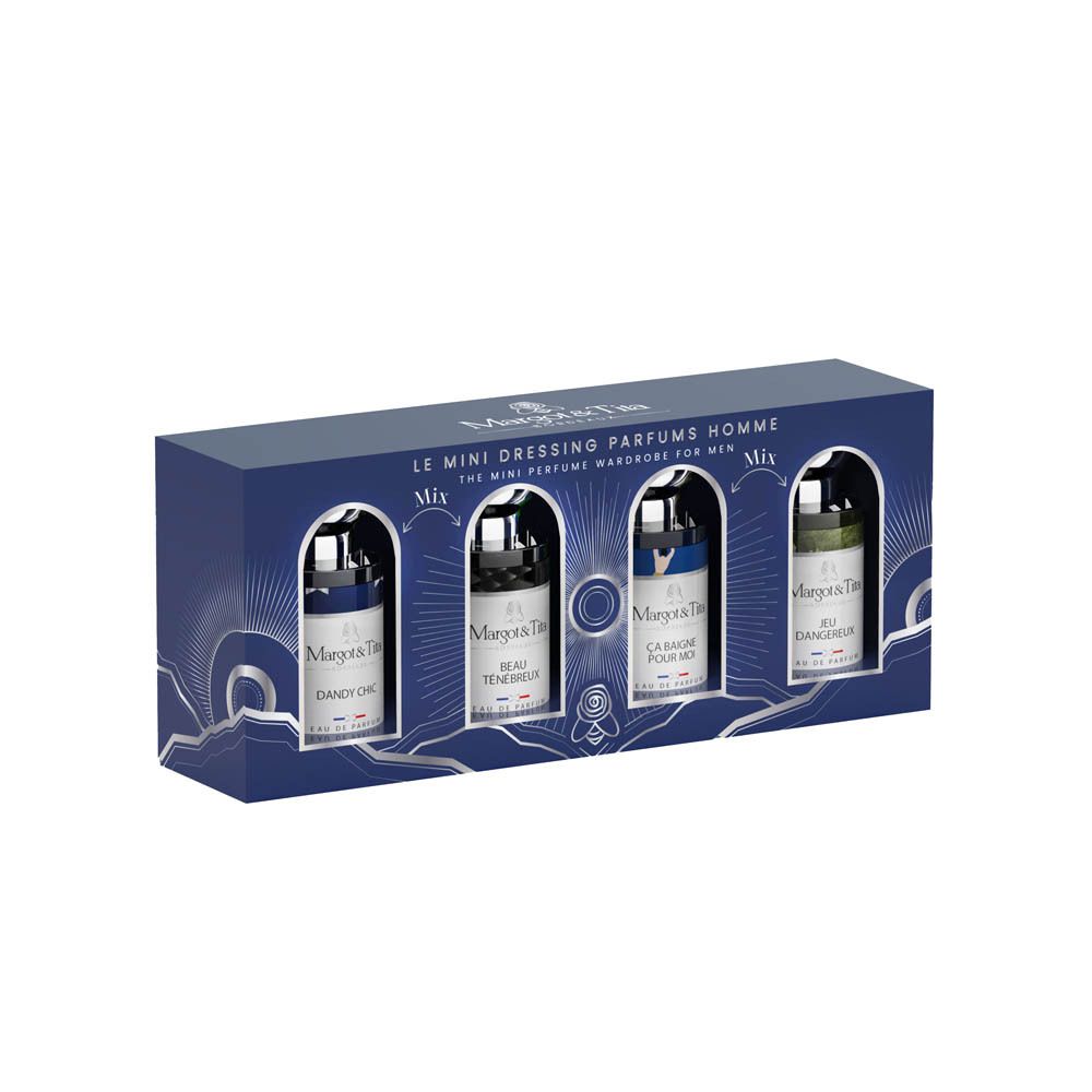 Margot & Tita Mini Dressing Parfums Homme set, vooraanzicht, 4 flesjes in blauwe doos.
