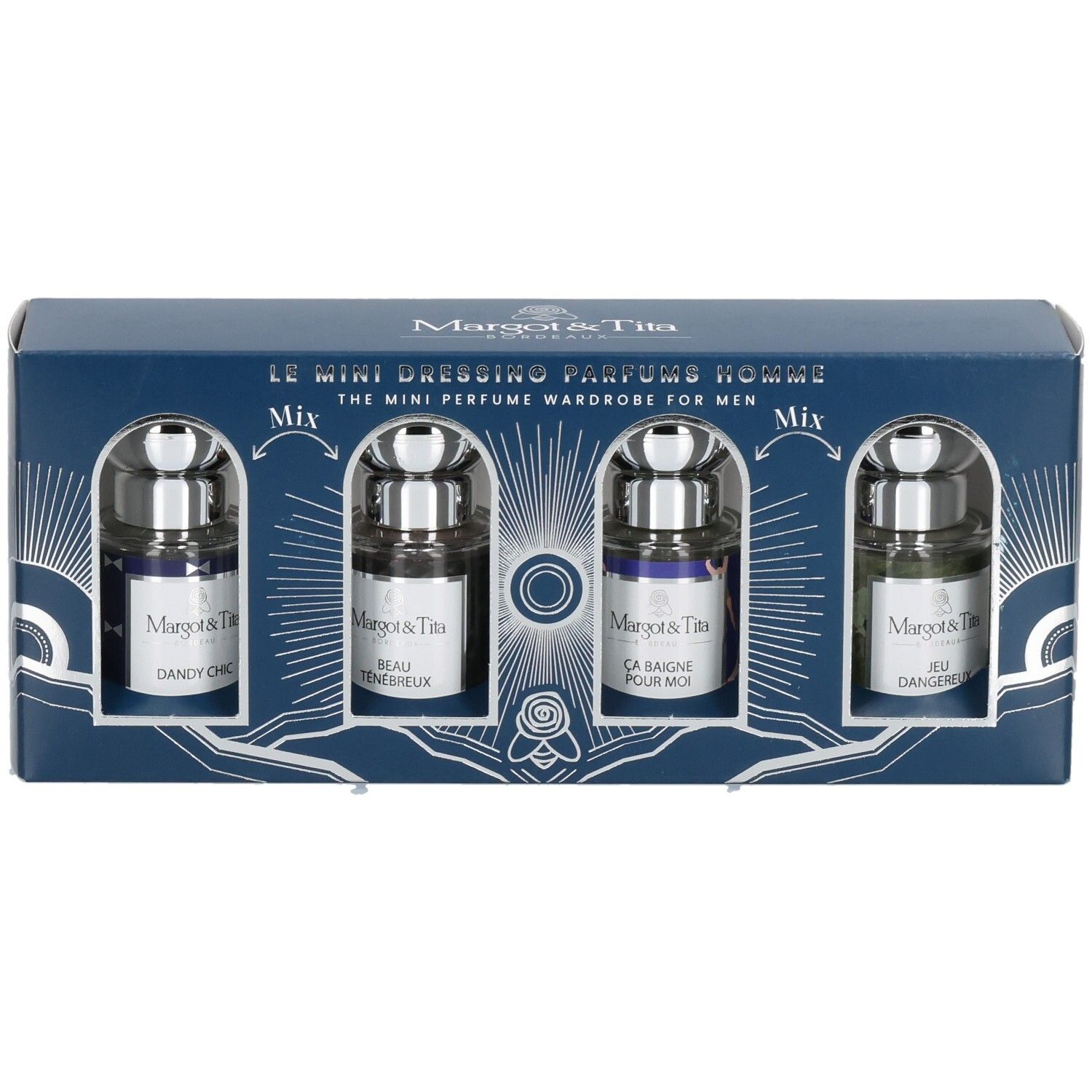 Coffret Margot & Tita Mini Dressing Parfums Homme, 4 flacons dans une boîte cadeau bleue.