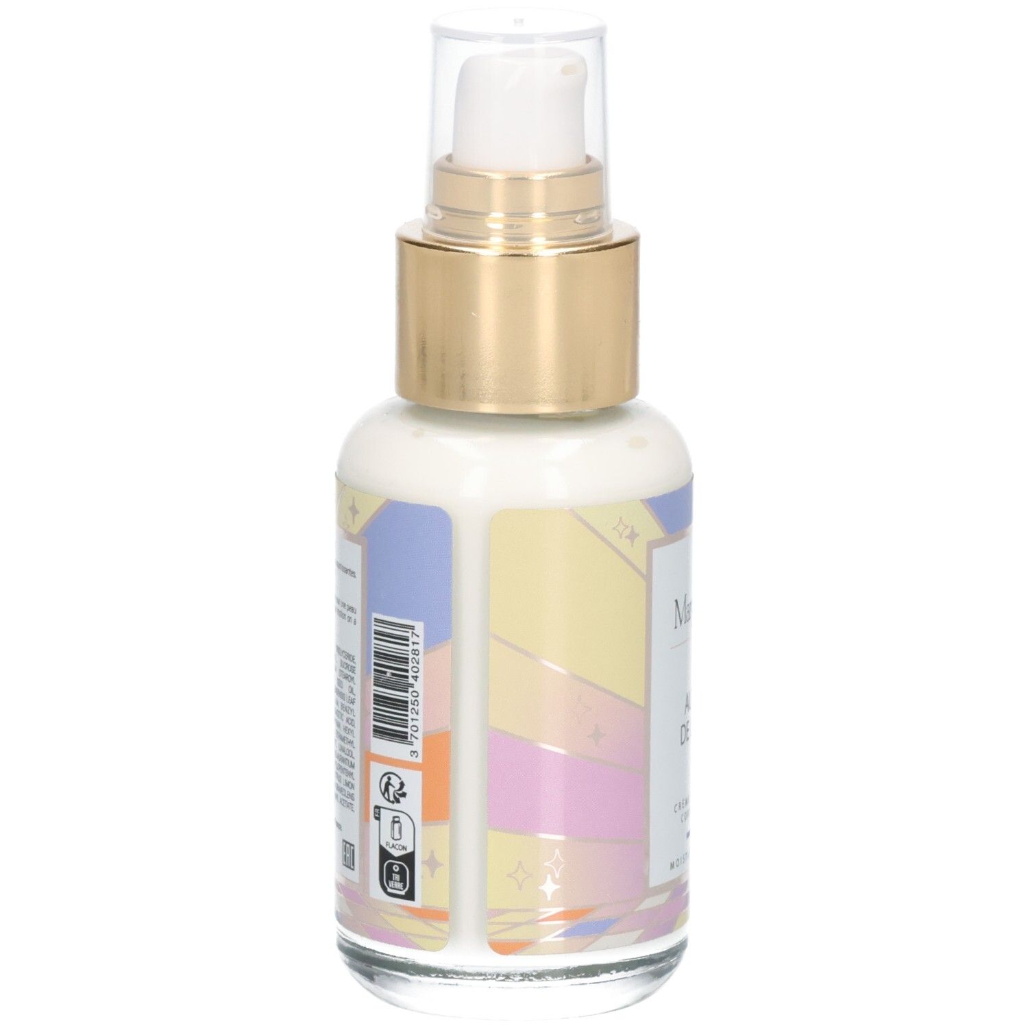 Achterkant van de Margot & Tita hydraterende crème. Glazen fles met etiket en kleurrijk design.