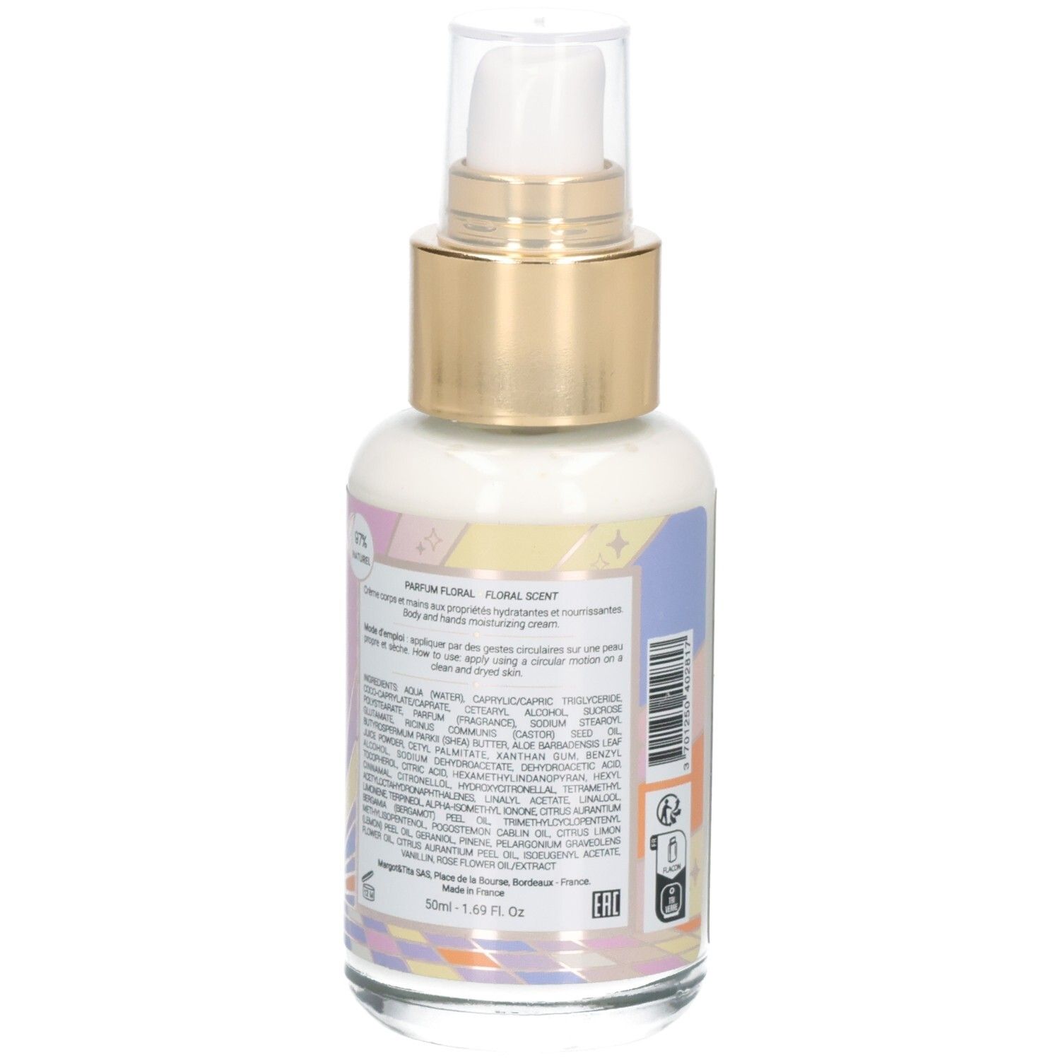 Achterkant van de Margot & Tita hydraterende crème. Glazen fles met ingrediëntenlijst en kleurrijk design.