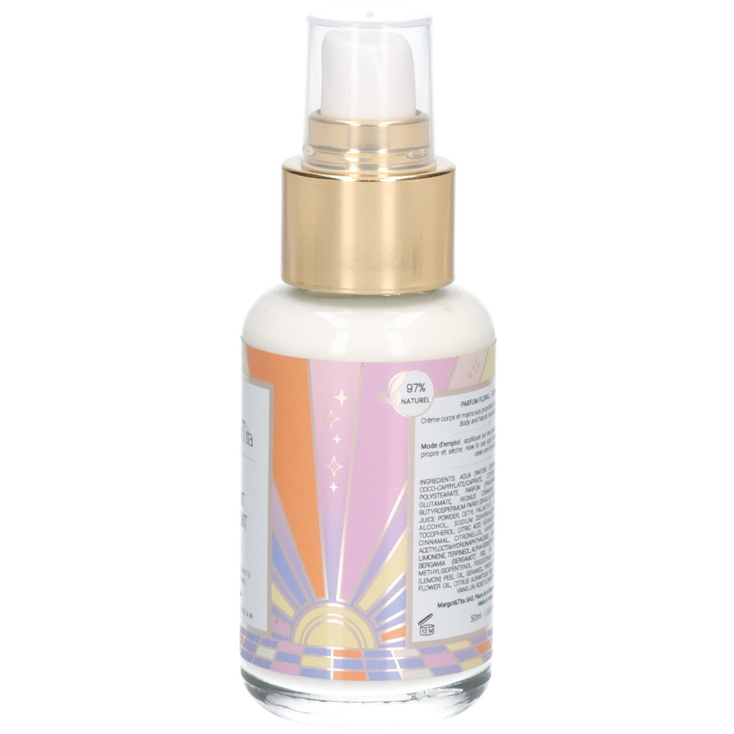 Margot & Tita hydraterende crème. Glazen fles met pompdispenser en etiket met 97% natuurlijke ingrediënten.