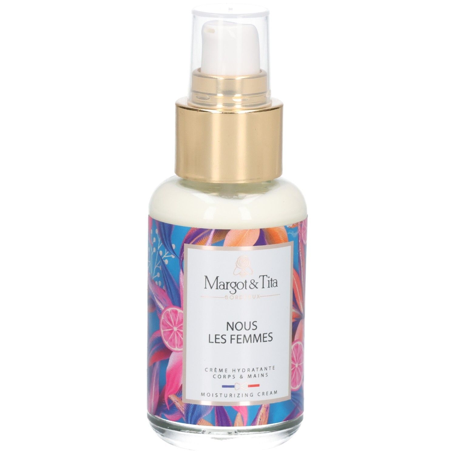 Crème hydratante Margot & Tita avec pompe et design floral.