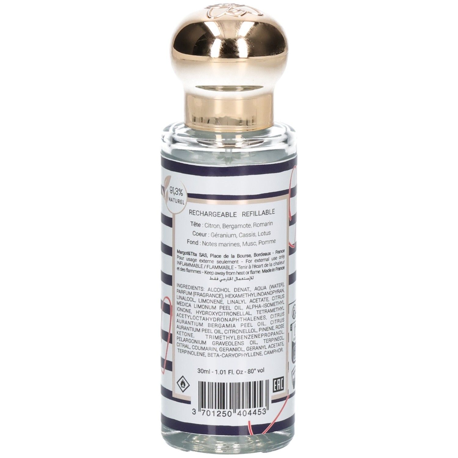 Vue détaillée de la bouteille Margot & Tita Vue Sur Océan Eau de Parfum indiquant la rechargeabilité et les ingrédients.