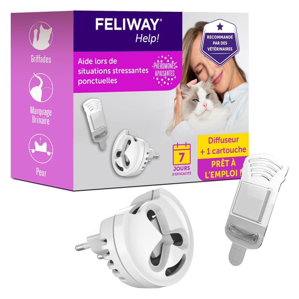 Diffuseur FELIWAY Help! et accessoires. Image de chat et texte.