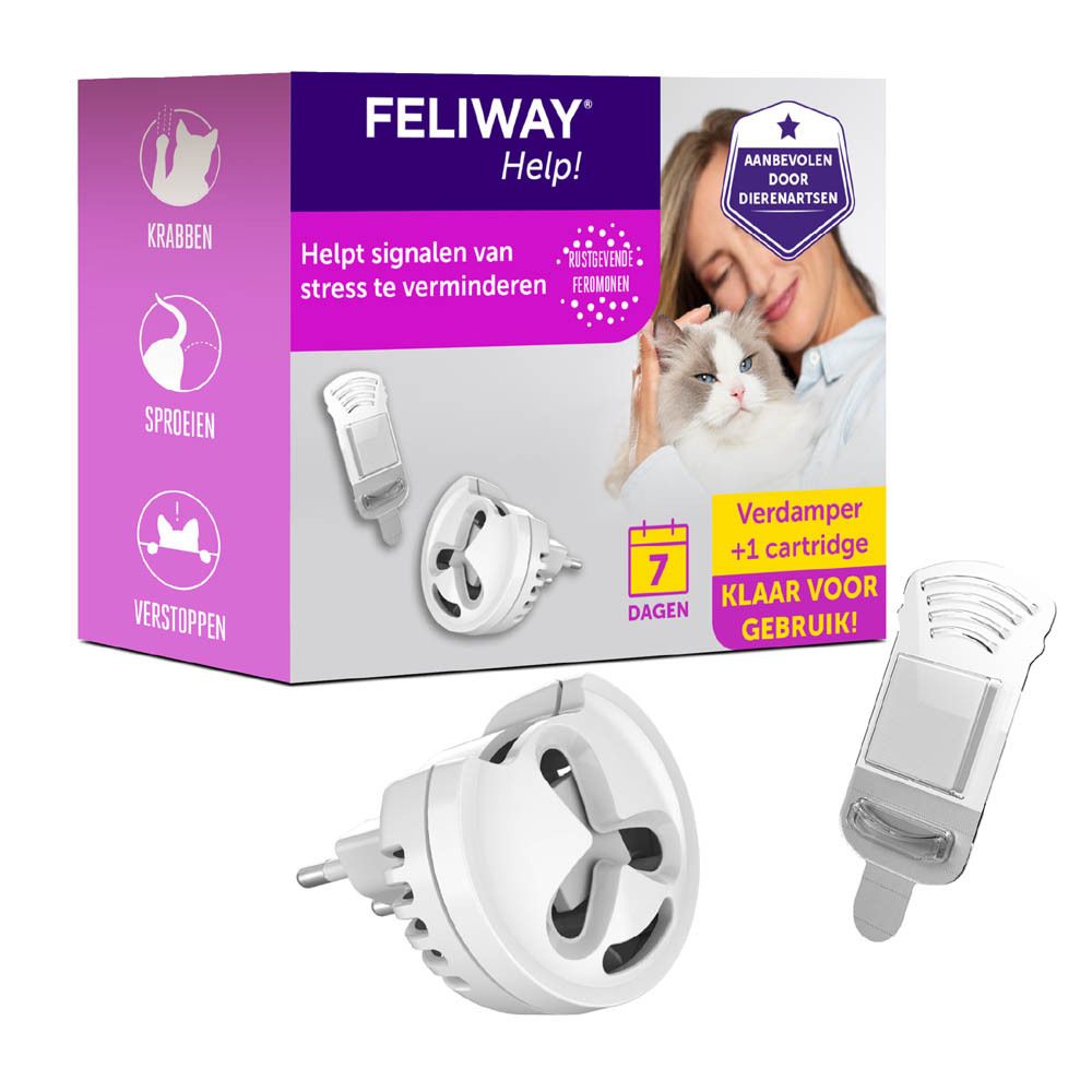 FELIWAY Help! verdamper en accessoires. Afbeelding van kat en tekst.