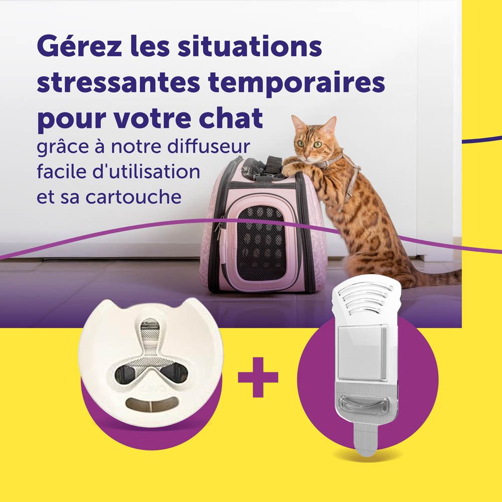 Diffuseur FELIWAY Help! et accessoires. Chat avec sac de transport.