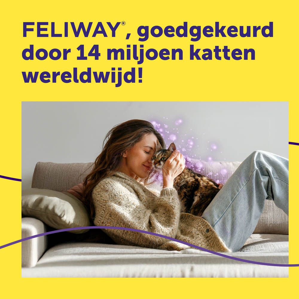 Vrouw met kat op de bank. Tekst: FELIWAY, goedgekeurd door 14 miljoen katten wereldwijd!