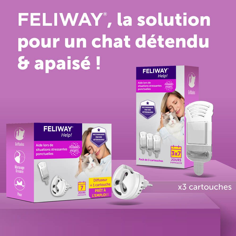 Produits FELIWAY Help! Texte : FELIWAY, la solution pour un chat détendu et apaisé !