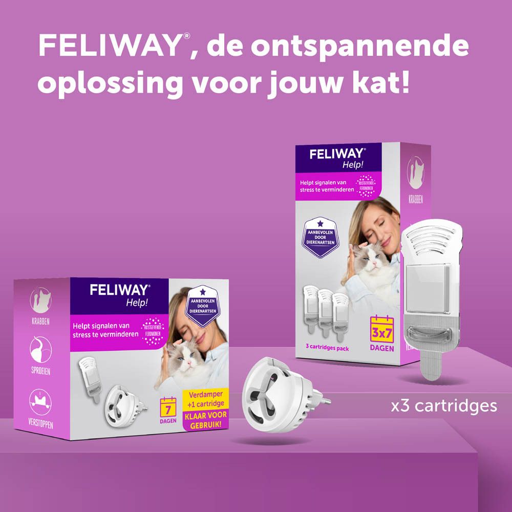 FELIWAY Help! producten. Tekst: FELIWAY, de ontspannende oplossing voor jouw kat!