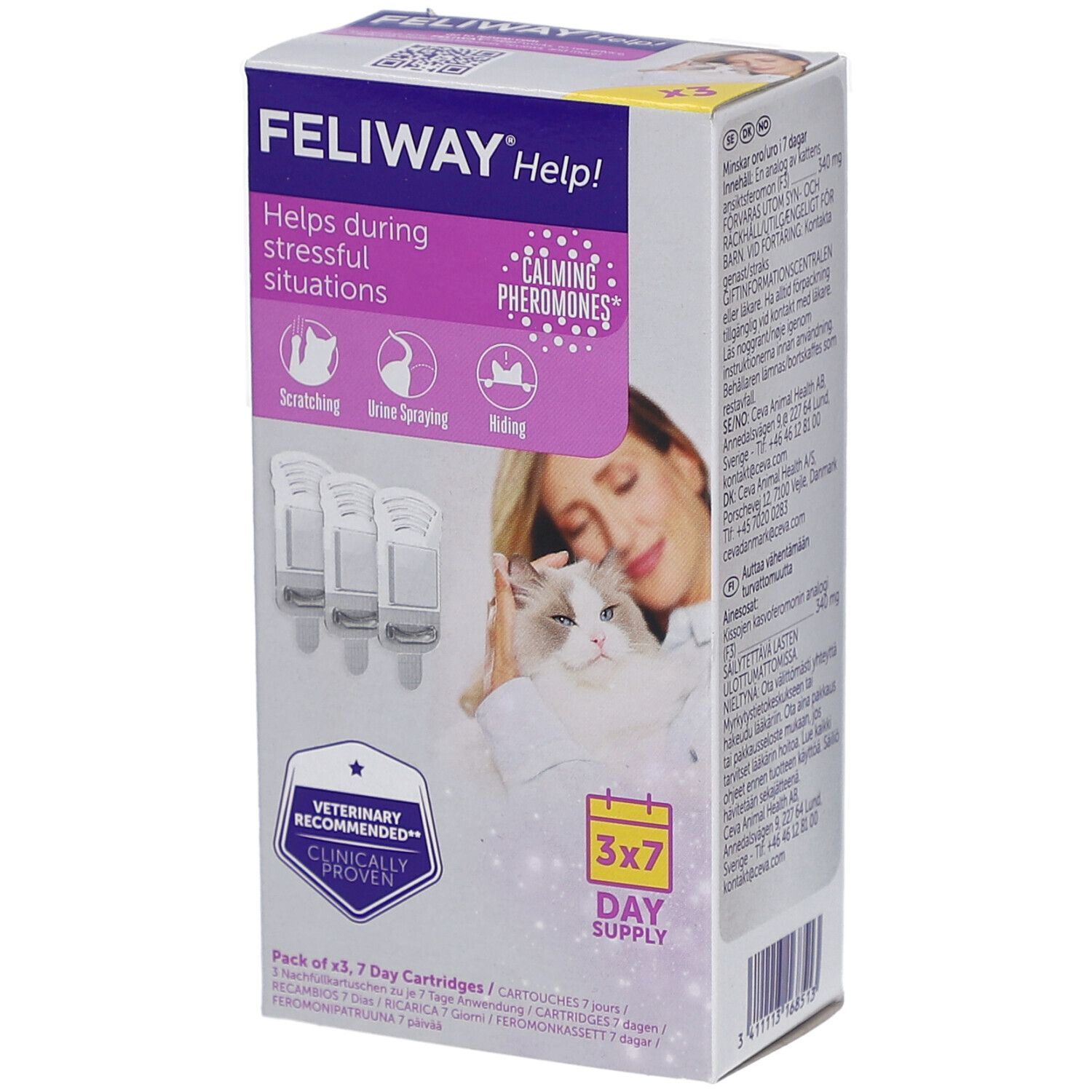 Boîte Feliway Help! avec 3 cartouches. Pheromones apaisantes. 3x7 jours. Recommandé par les vétérinaires. Aide en cas de stress.