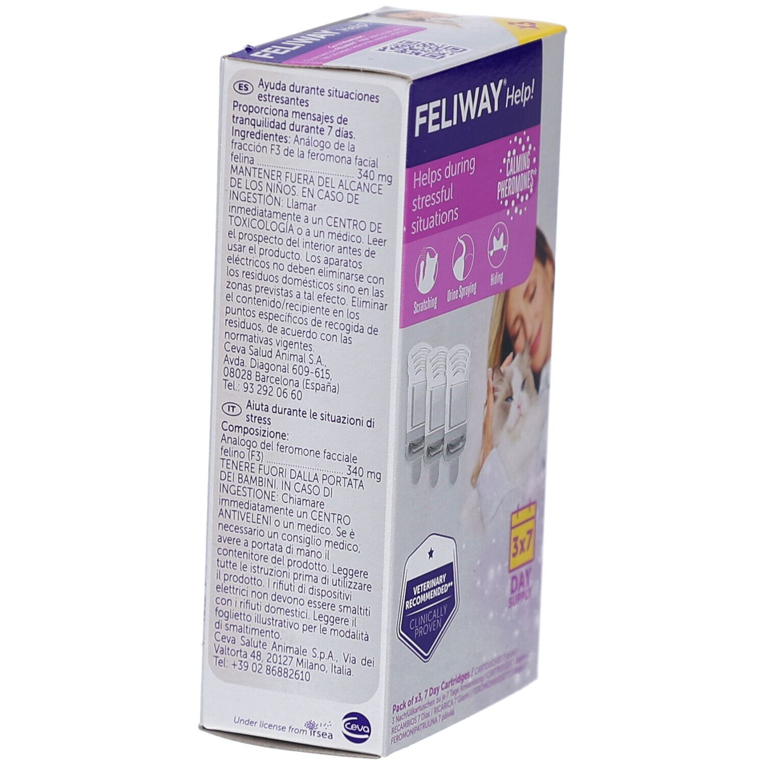 Vue latérale de la boîte Feliway Help!. Texte: Aide en cas de stress, 3x7 jours, recommandé par les vétérinaires. Contient 3 cartouches.