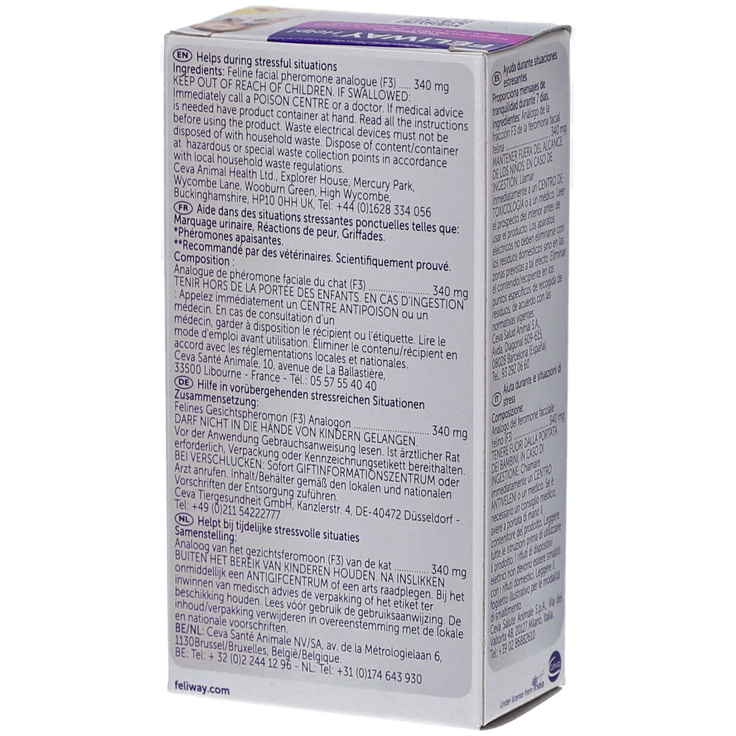 Dos de la boîte Feliway Help!. Texte: Aide en cas de stress, ingrédients, avertissements, coordonnées. 3x7 jours.