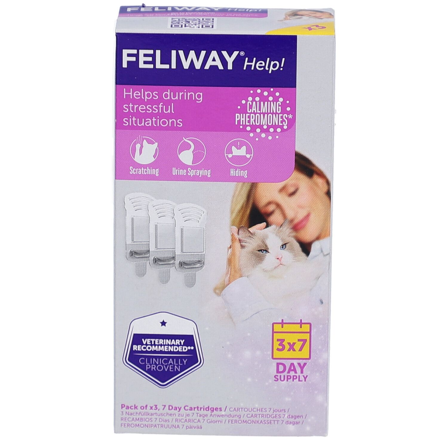 Boîte Feliway Help! avec 3 cartouches. Texte: phéromones apaisantes, 3x7 jours. Recommandé par les vétérinaires. Aide au stress.