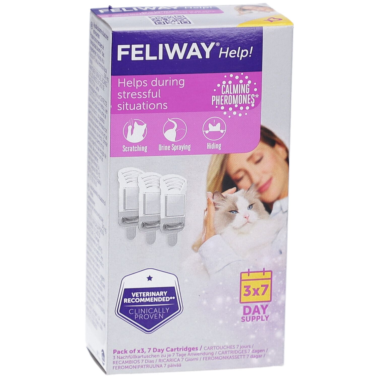 Boîte Feliway Help! avec 3 cartouches. Texte: phéromones apaisantes, 3x7 jours. Recommandé par les vétérinaires. Aide au stress.
