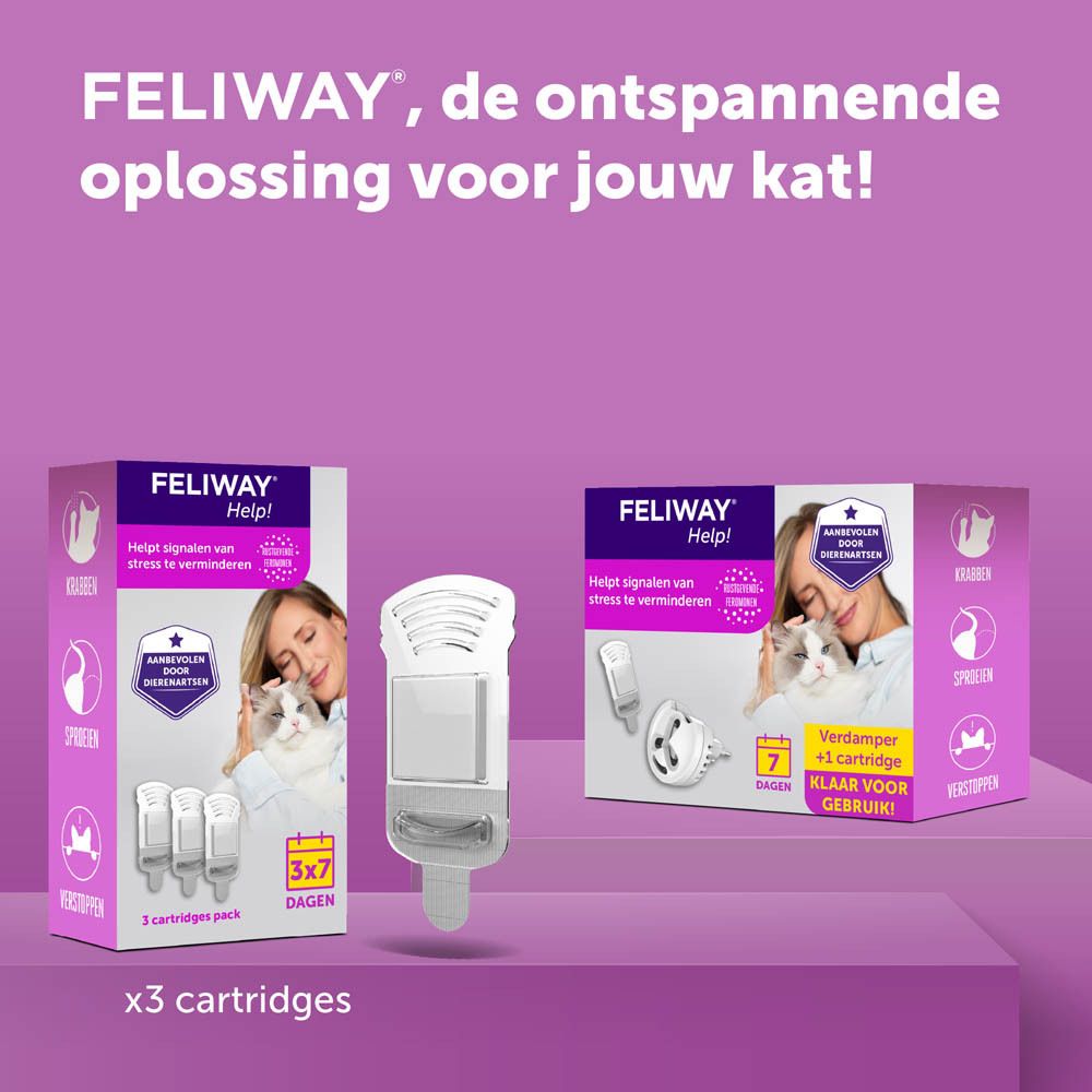 Feliway Help! Verpakking van 3 cartridges. 3 x 7 dagen. Helpt bij stress. Klinisch bewezen.