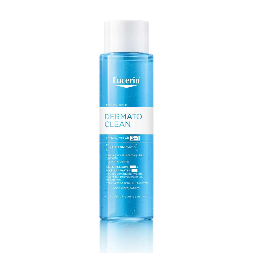Flacon Eucerin DermatoCLEAN Micellar Water 3 en 1. Produit sur fond blanc.