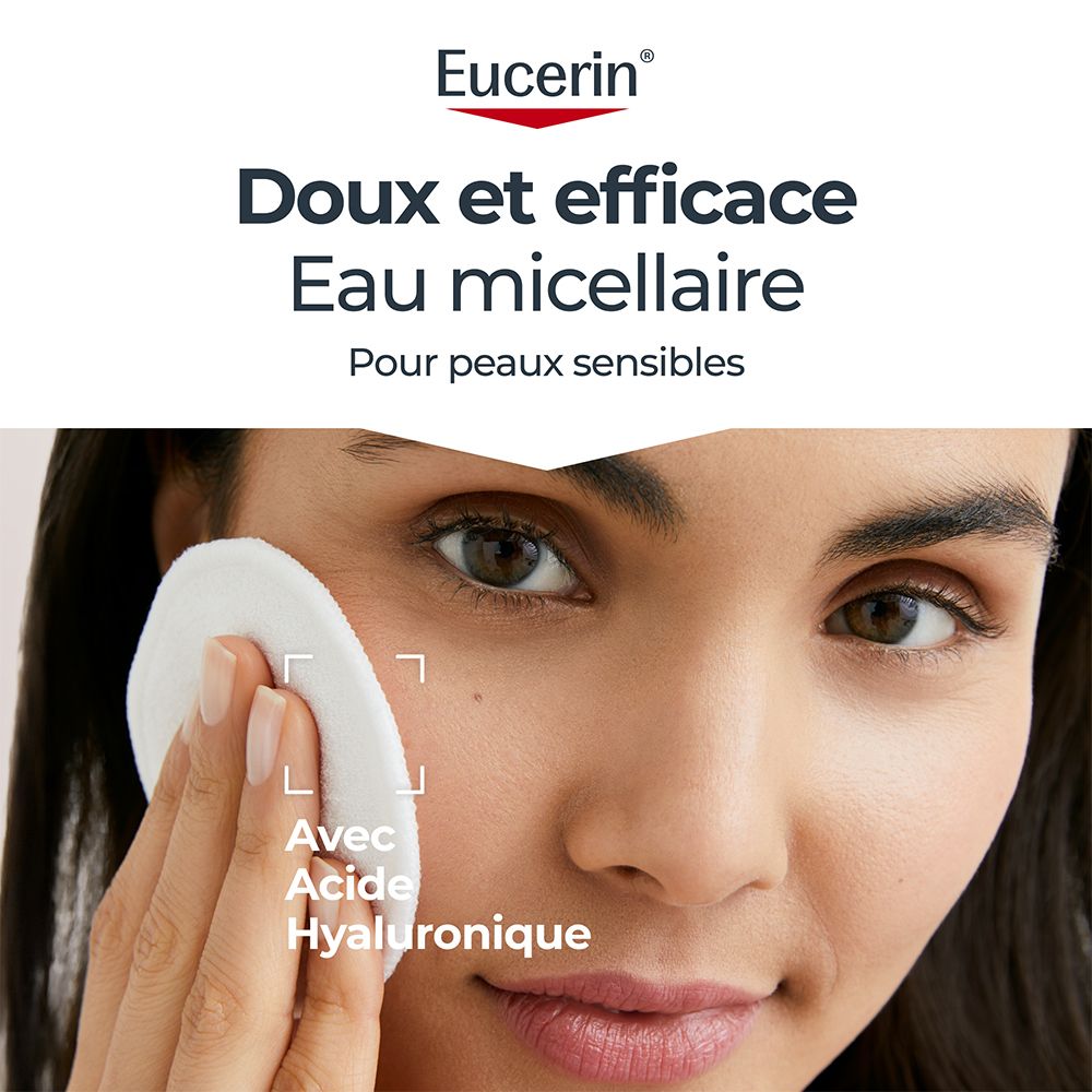 Femme se nettoyant le visage avec un coton et Eucerin DermatoCLEAN Micellar Water 3 en 1.