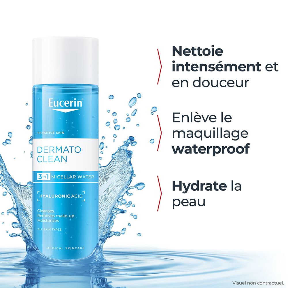 Flacon Eucerin DermatoCLEAN Micellar Water 3 en 1 avec jet d'eau et texte.