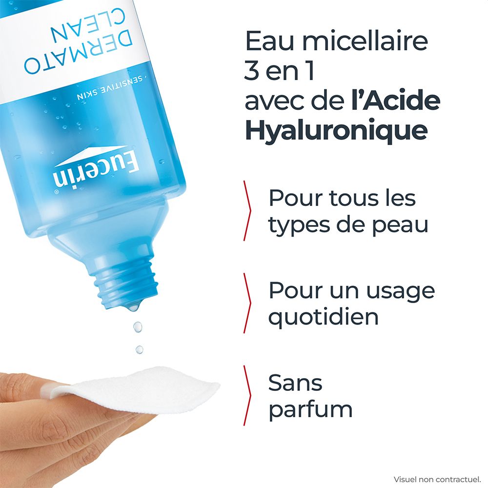 Flacon Eucerin DermatoCLEAN Micellar Water 3 en 1 avec texte et femme.