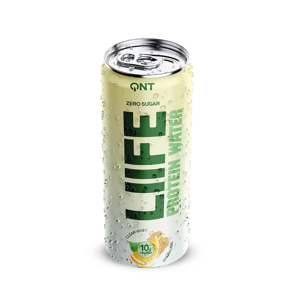 Canette QNT Liife Protein Water avec gouttes d'eau. Design vert-jaune, texte LIFE, citron-gingembre, 10g protéines.