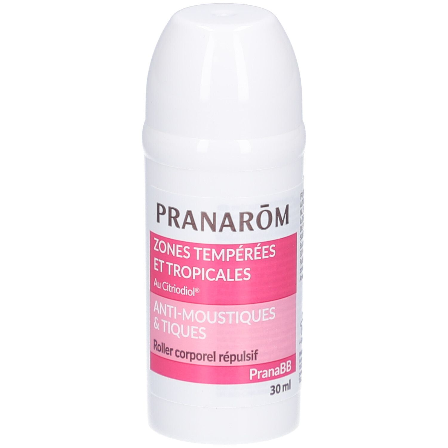 Witte roller met roze label. Tekst: PRANAROM, ZONES TEMPEREES ET TROPICALES, ANTI-MOUSTIQUES & TIQUES. 30 ml.