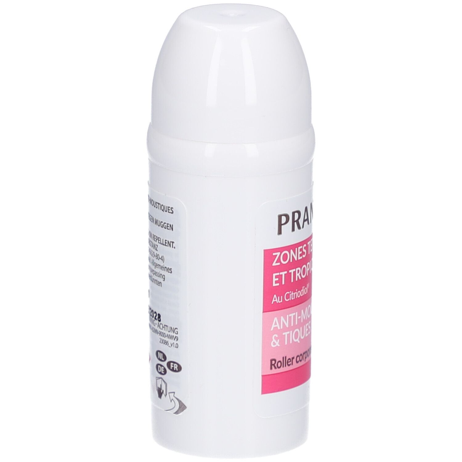 Witte roller, zijaanzicht. Tekst: PRANAROM, ZONES TEMPEREES ET TROPICALES, ANTI-MOUSTIQUES & TIQUES. Details en waarschuwingen.