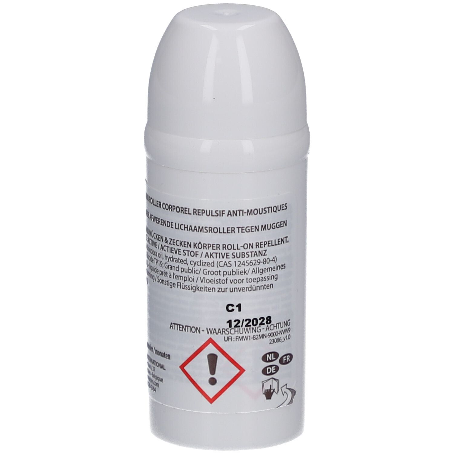 Witte roller, achterkant. Tekst: Waarschuwing, C1 12/2028. Gevaarsymbool. Details en waarschuwingen in meerdere talen.