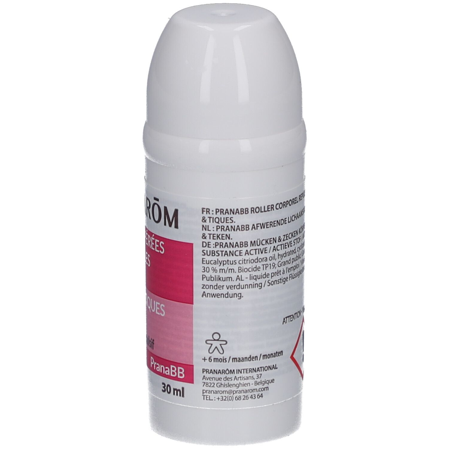 Witte roller. Tekst: PRANAROM, ZONES TEMPEREES, ANTI-MOUSTIQUES & TIQUES. 30 ml. Waarschuwing. +6 mois. Adres.