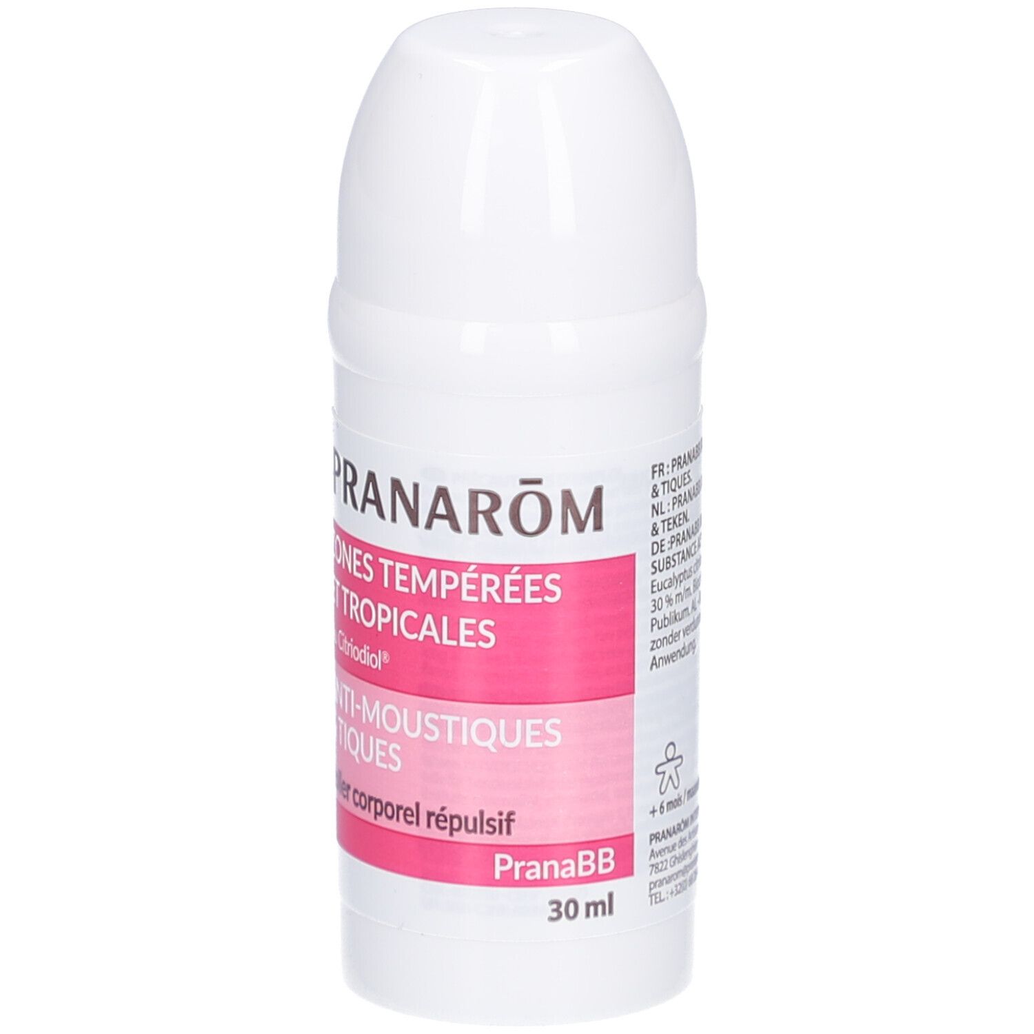 Witte roller met roze label. Tekst: PRANAROM, ZONES TEMPEREES ET TROPICALES, ANTI-MOUSTIQUES & TIQUES. 30 ml.