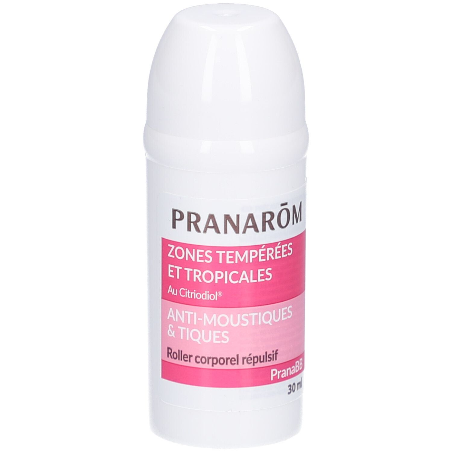 Witte roller met roze label. Tekst: PRANAROM, ZONES TEMPEREES ET TROPICALES, ANTI-MOUSTIQUES & TIQUES. 30 ml.