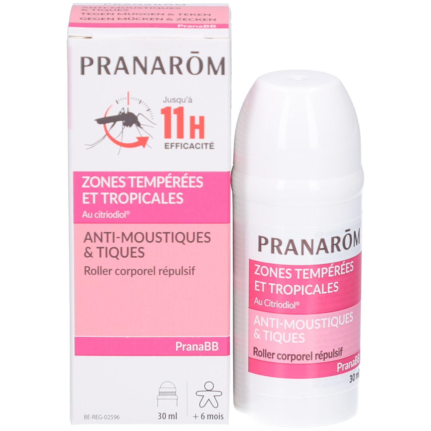 Product en verpakking. Witte roller en doos. Tekst: PRANAROM, ZONES TEMPEREES ET TROPICALES, ANTI-MOUSTIQUES & TIQUES. 30 ml.