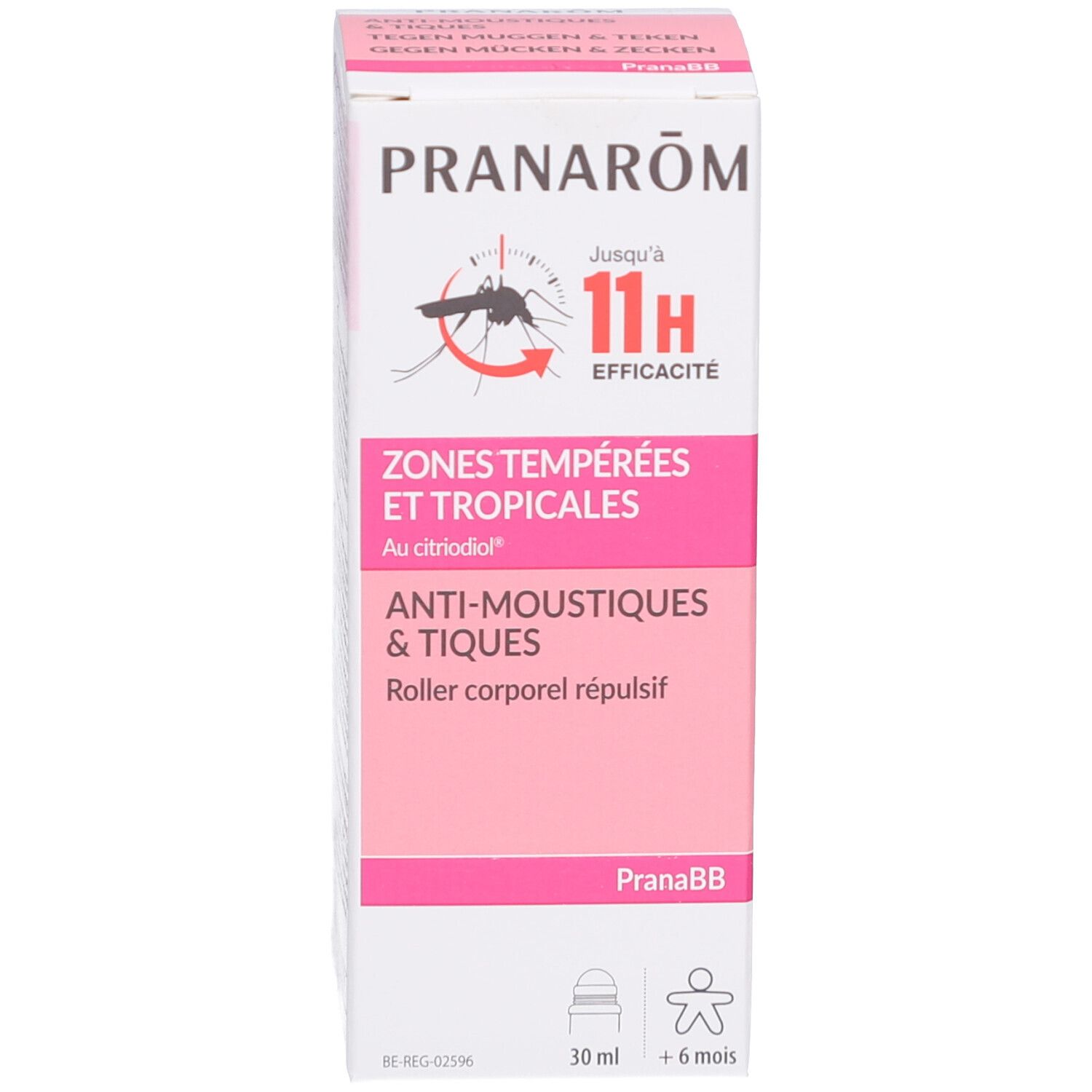 Productverpakking. Witte doos. Tekst: PRANAROM, ZONES TEMPEREES ET TROPICALES, ANTI-MOUSTIQUES & TIQUES. 11H effectiviteit.