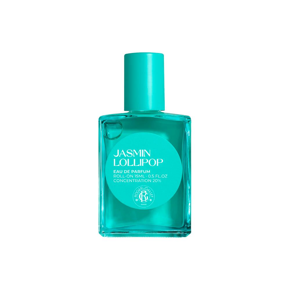 Jasmin Lollipop Eau de Parfum Roll-on. Turquoise glazen flesje met bijpassende dop. Label met tekst.