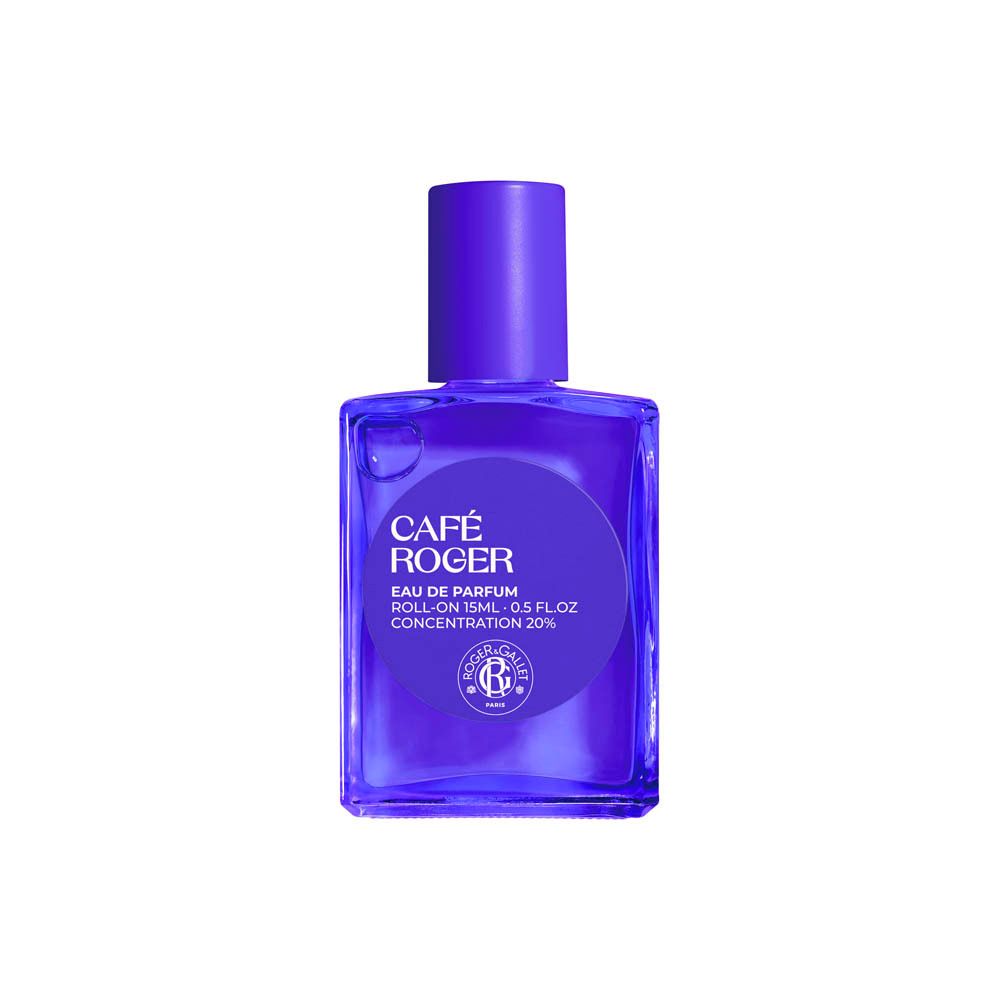 Roll-on parfum bleu. Inscription: Café Roger, Eau de Parfum, Roll-on 15ml, 0.5 fl.oz, concentration 20%.