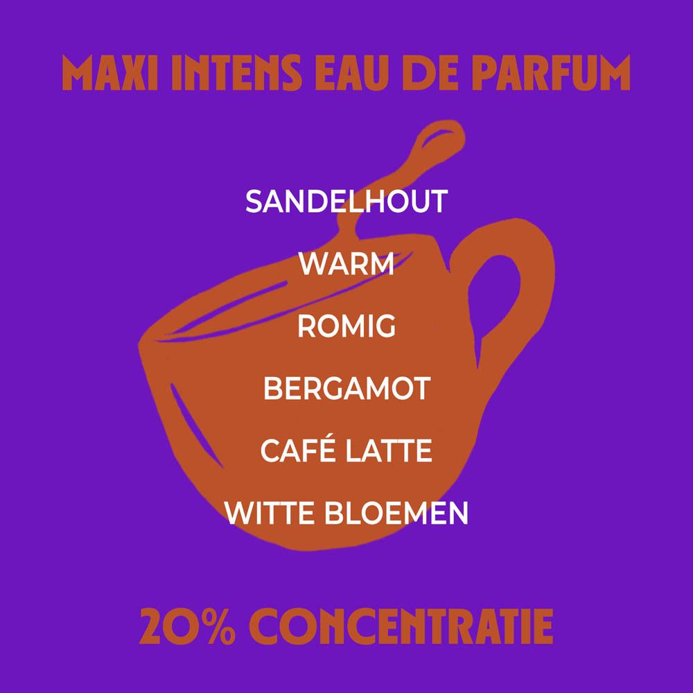 Afbeelding met tekst: Maxi Intens Eau de Parfum, Sandelwood, Warm, Romig, Bergamot, Café Latte, Witte Bloemen.