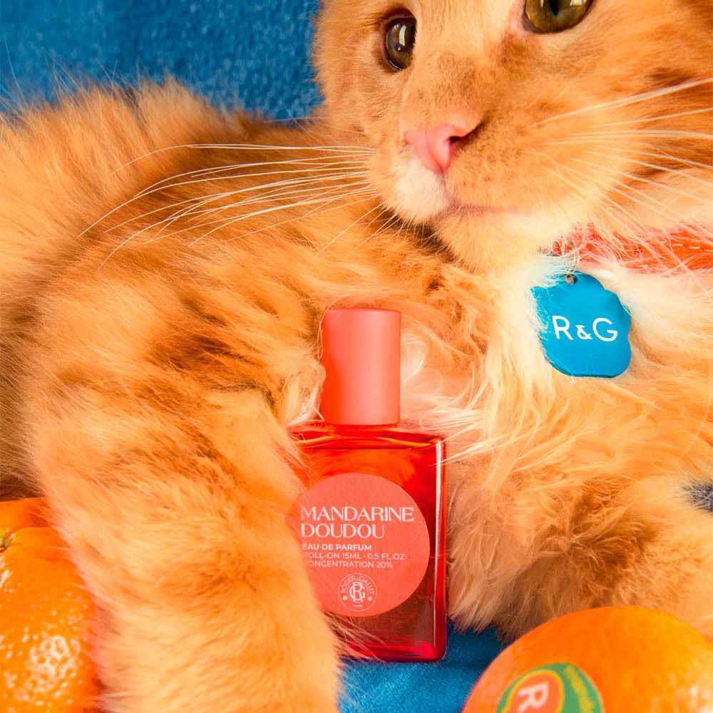 Kat met fles. Fles: Mandarine Doudou Eau de Parfum. Oranje. Blauw R&G-label.