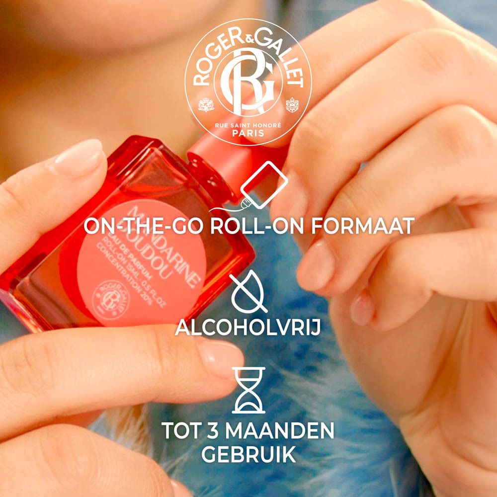 Handen met fles. Tekst: On-the-go Roll-on Formaat. Alcoholvrij. Tot 3 maanden gebruik. Oranje.