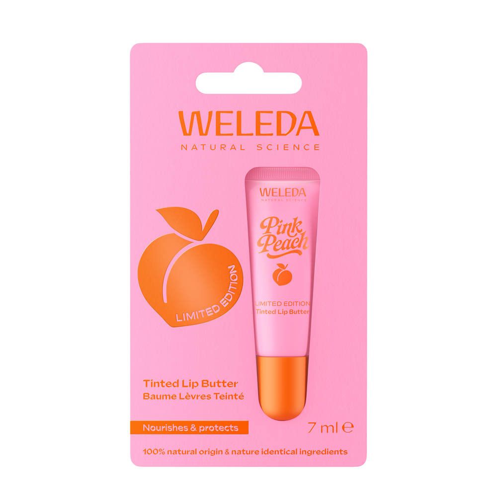 Roze verpakking met lippenbalsem. Opschrift: WELEDA, Pink Peach, Limited Edition. 7 ml. Bevat een perzik illustratie.