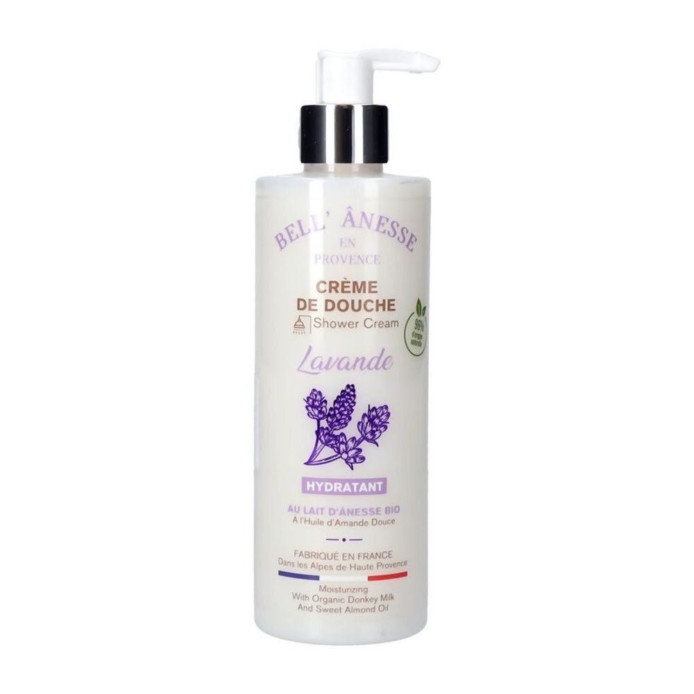 Fles douchecrème met lavendelmotief. Merk Bell' Ânesse en Provence. Met pomp. Tekst: Crème de Douche, Lavande, Hydratant.
