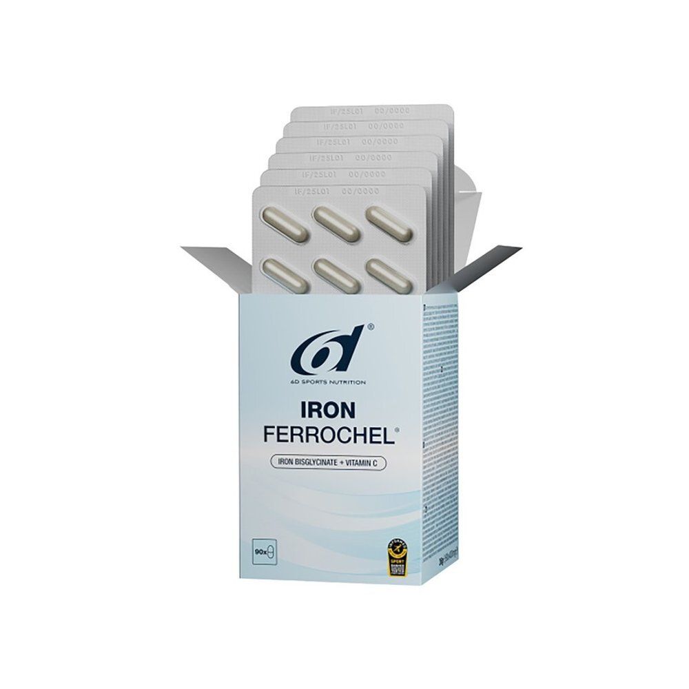 Boîte blanche avec nom et logo du produit. Contient 90 gélules. Inscription : IRON Ferrochel, bisglycinate de fer + vitamine C.