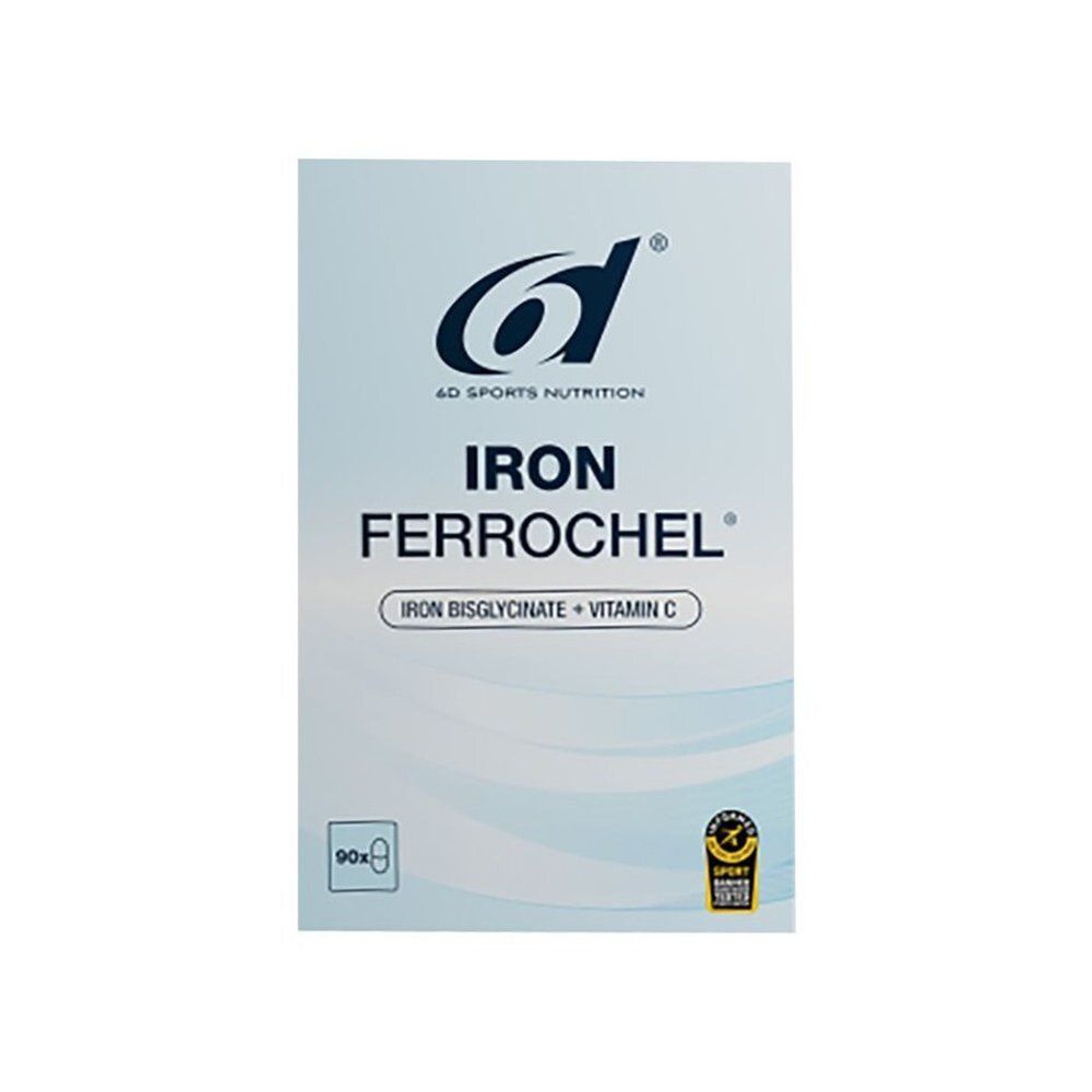 Witte doos met productnaam en logo. Bevat 90 capsules. Opschrift: IRON Ferrochel, ijzerbisglycinaat + vitamine C.