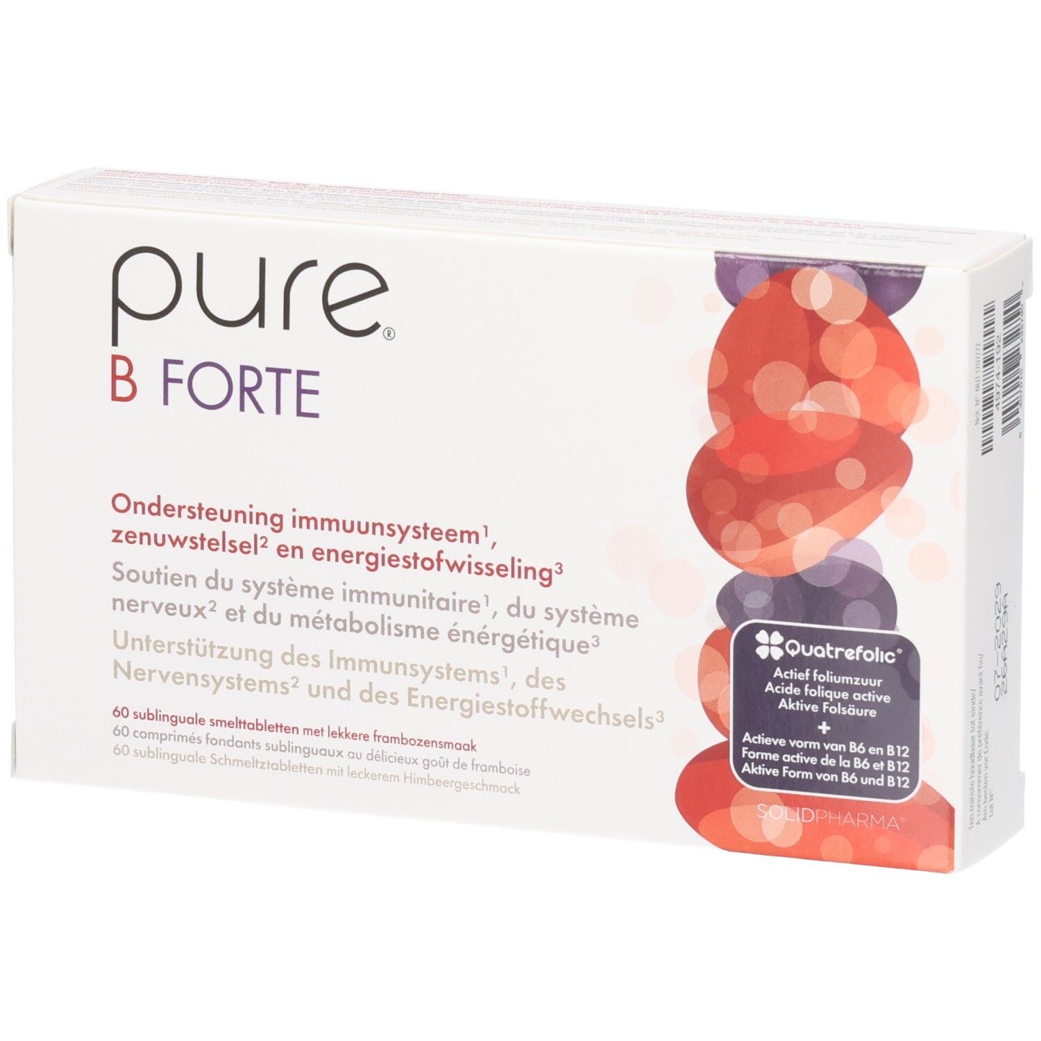 Boîte Pure B Forte de 60 comprimés à sucer. Soutient le système immunitaire et le métabolisme énergétique.