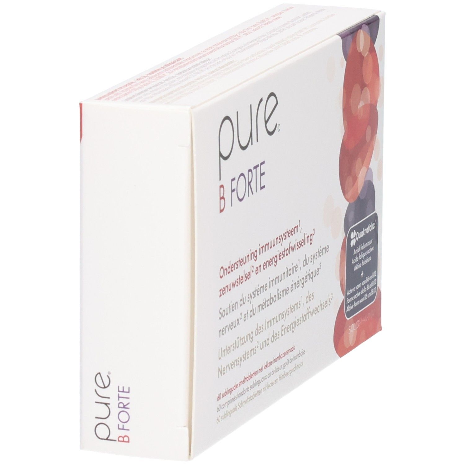 Vue latérale de la boîte Pure B Forte de 60 comprimés à sucer. Contient des vitamines B et du folate.