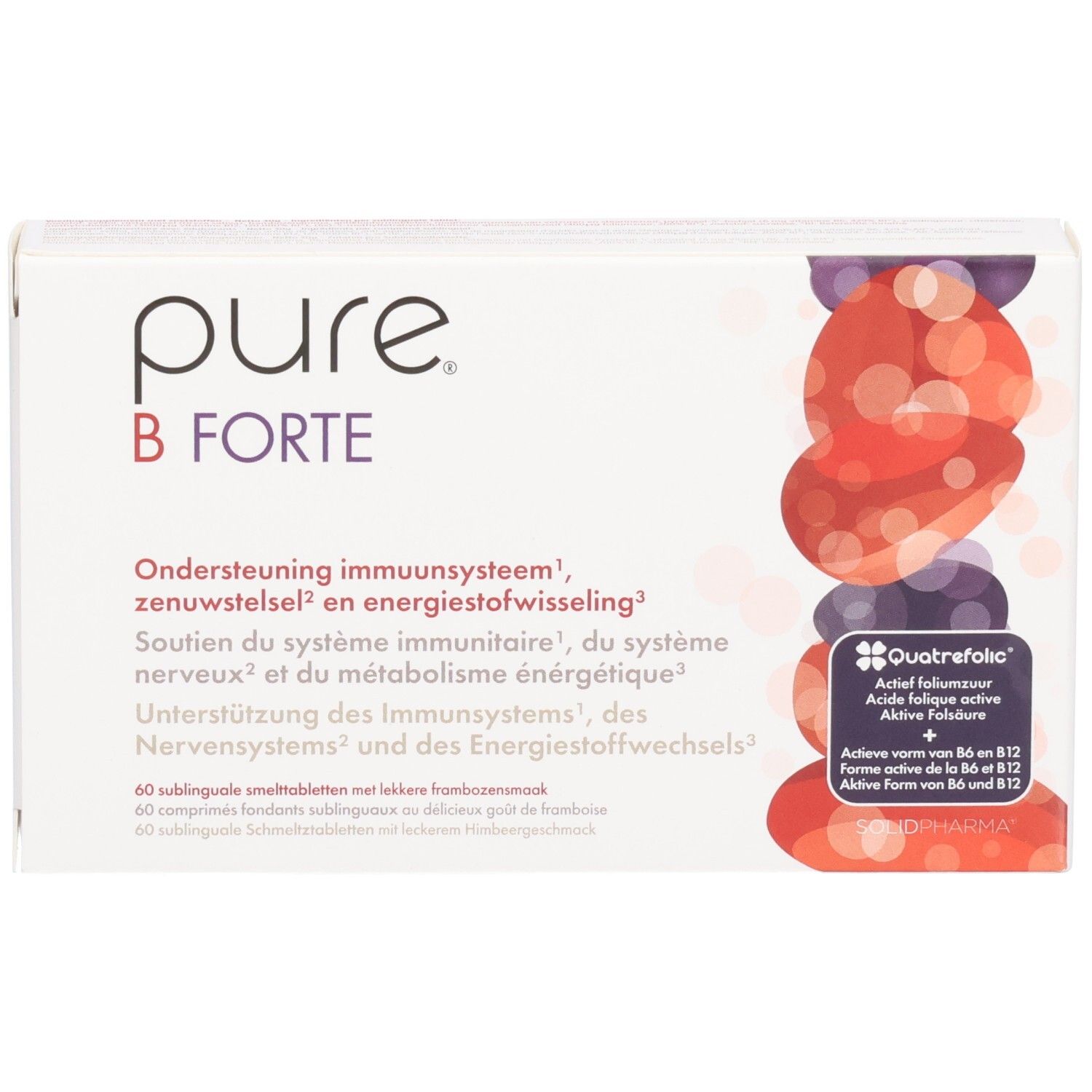 Avant de la boîte Pure B Forte. Contient 60 comprimés à sucer pour le système immunitaire et l'énergie.