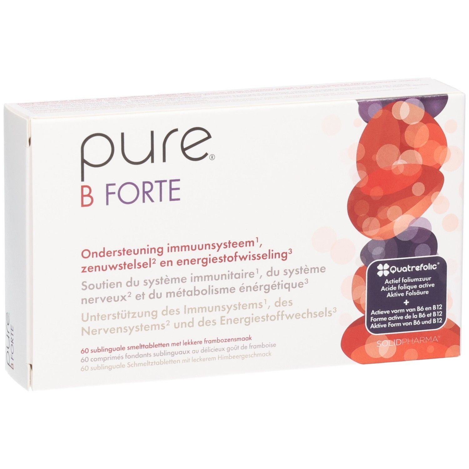 Boîte Pure B Forte de 60 comprimés à sucer. Contient Quatrefolic® et vitamines B.