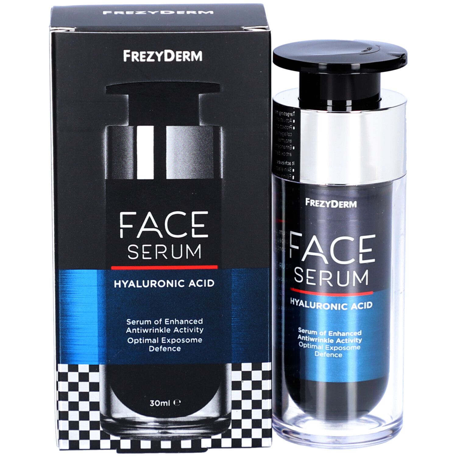 Emballage et flacon de sérum. Inscription : Frezyderm FACE SERUM HYALURONIC ACID. Boîte noire avec détails bleus.