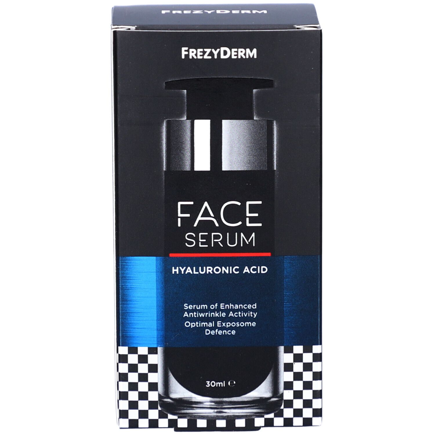 Emballage du produit. Inscription : Frezyderm FACE SERUM HYALURONIC ACID. Boîte noire avec détails bleus.