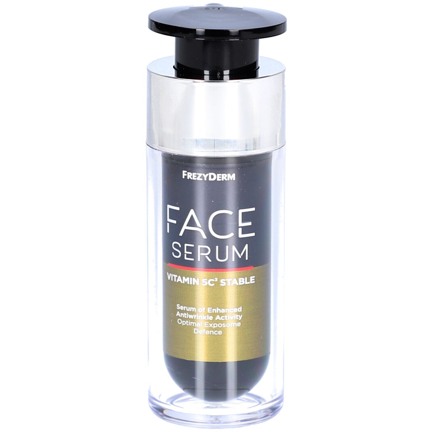 Frezyderm Face Serum Vitamin 5C Stable. Zwarte fles met pomp. Productnaam en ingrediënten gedrukt.