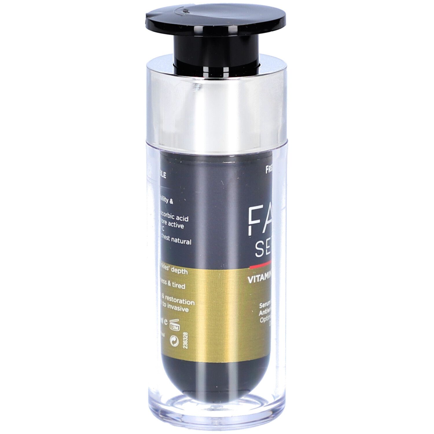 Frezyderm Face Serum Vitamin 5C Stable. Achterkant fles met productinfo en ingrediënten.